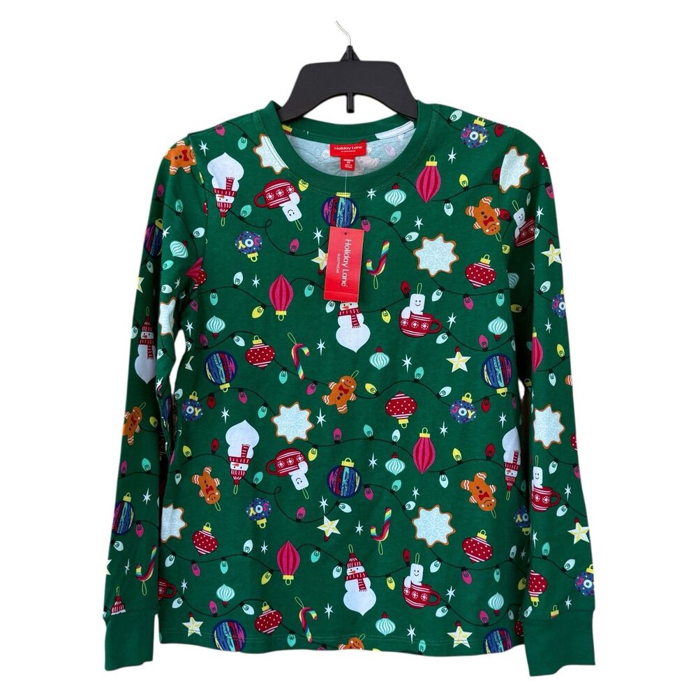 NWT Holiday Lane Women’s Pure Cotton Pajama Top Only Green Print XS Snowman